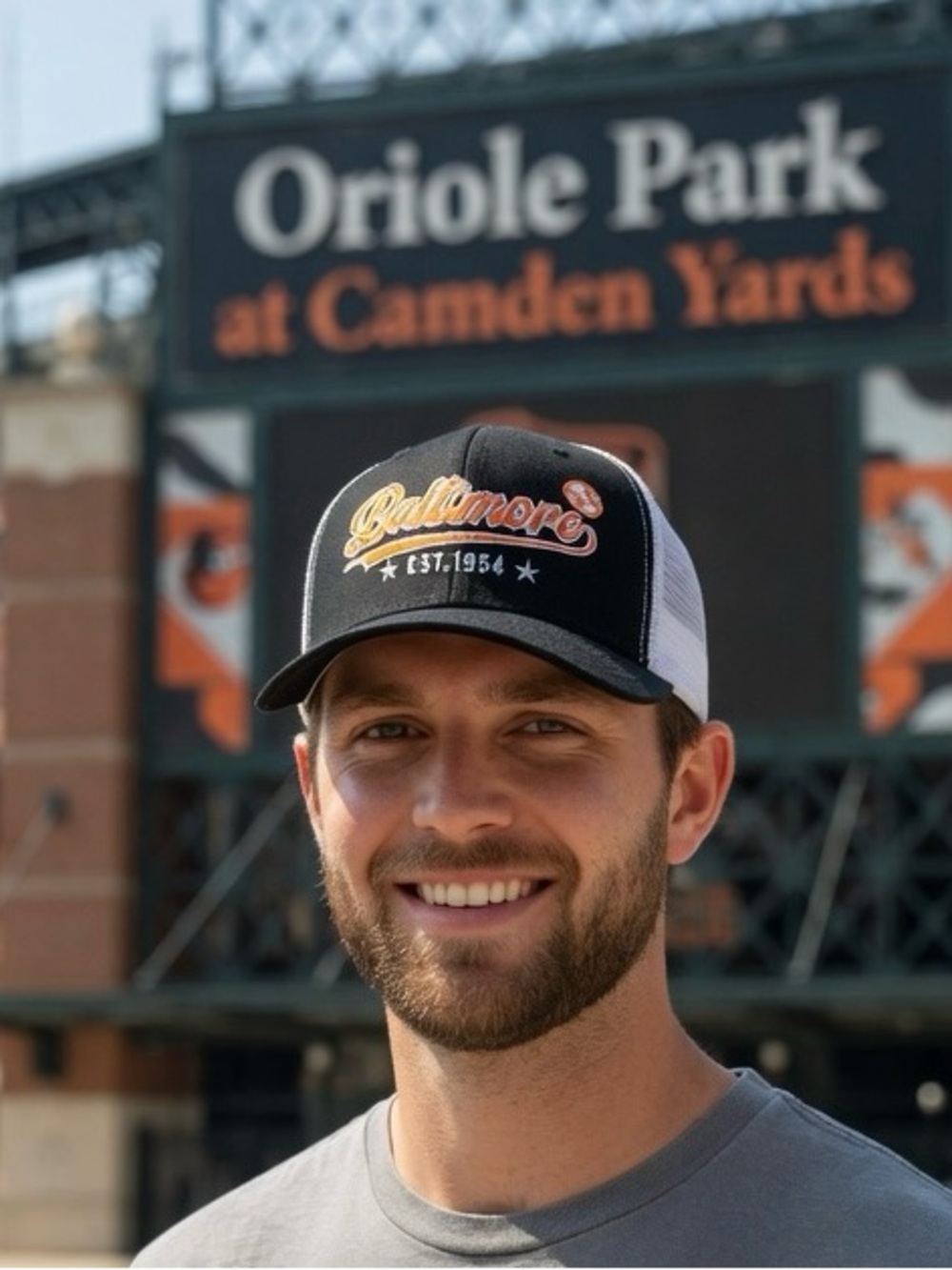 Baltimore Est.1954 Baseball Trucker Hat - Black & White with Orange Script